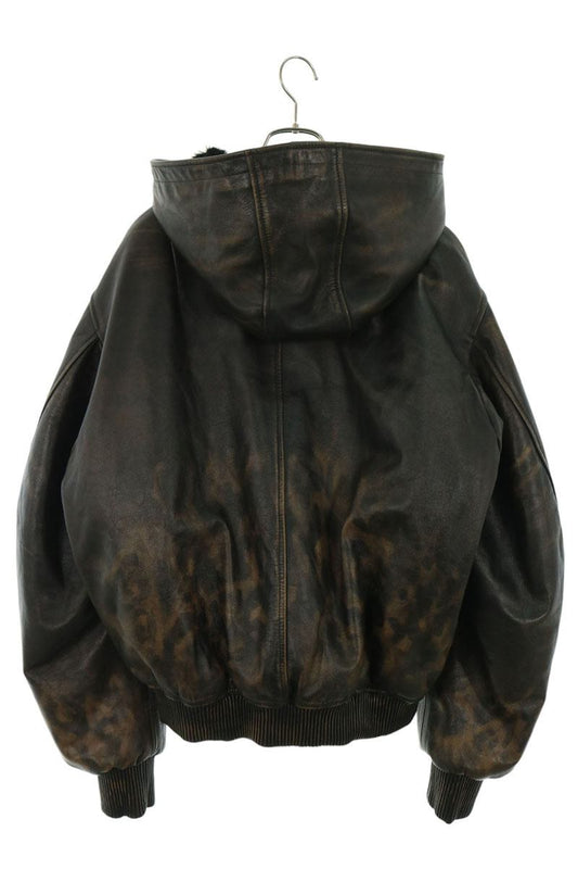 424 Leopard Print Hooded Leather Bomber Jacket Brown Size L