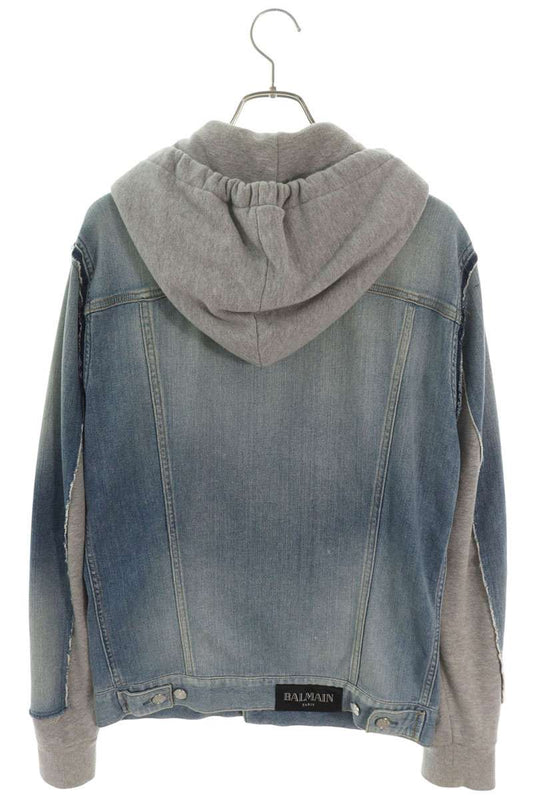 BALMAIN Hooded Denim Sweat Jacket Blue Size 46
