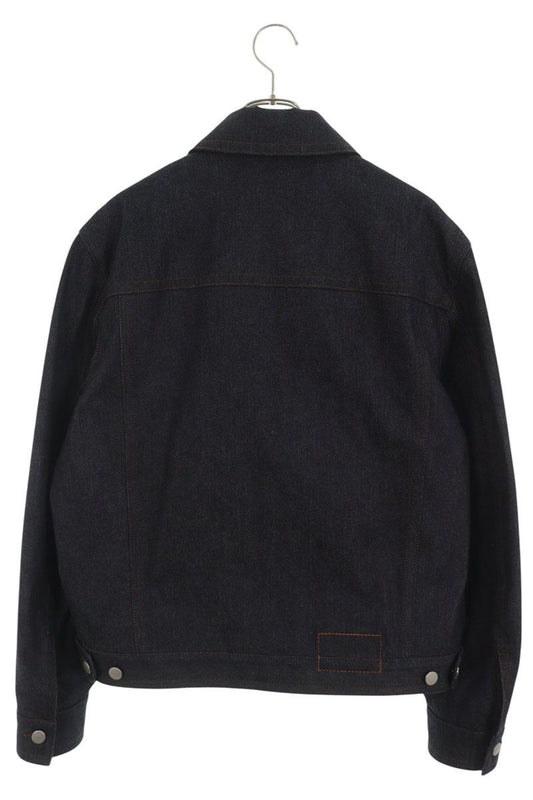 HERMES Leather Detail Button Fly Denim Indigo Black Jacket Size 52