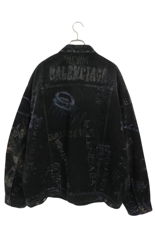 BALENCIAGA Graphic Print Oversized Denim Jacket Black Size S