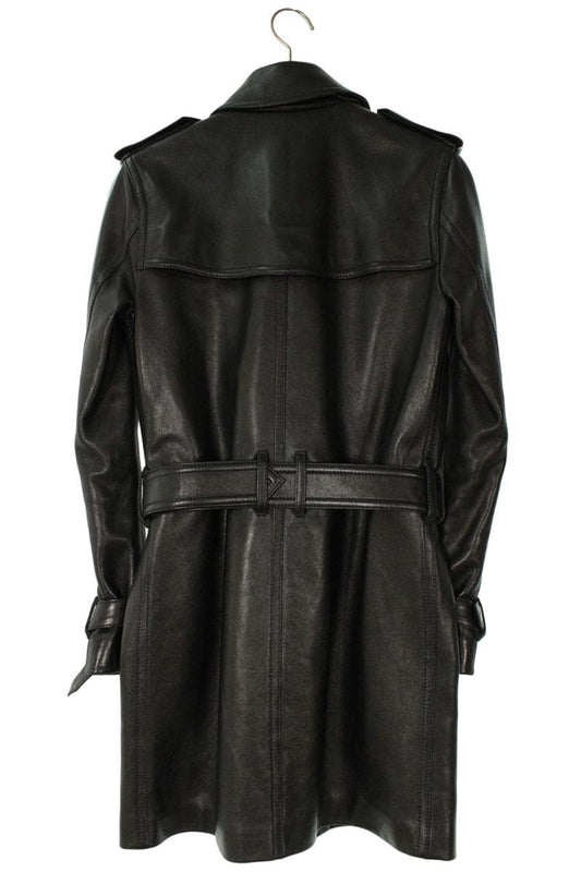 SAINT LAURENT PARIS Black Belted Leather Trench Coat Size 42