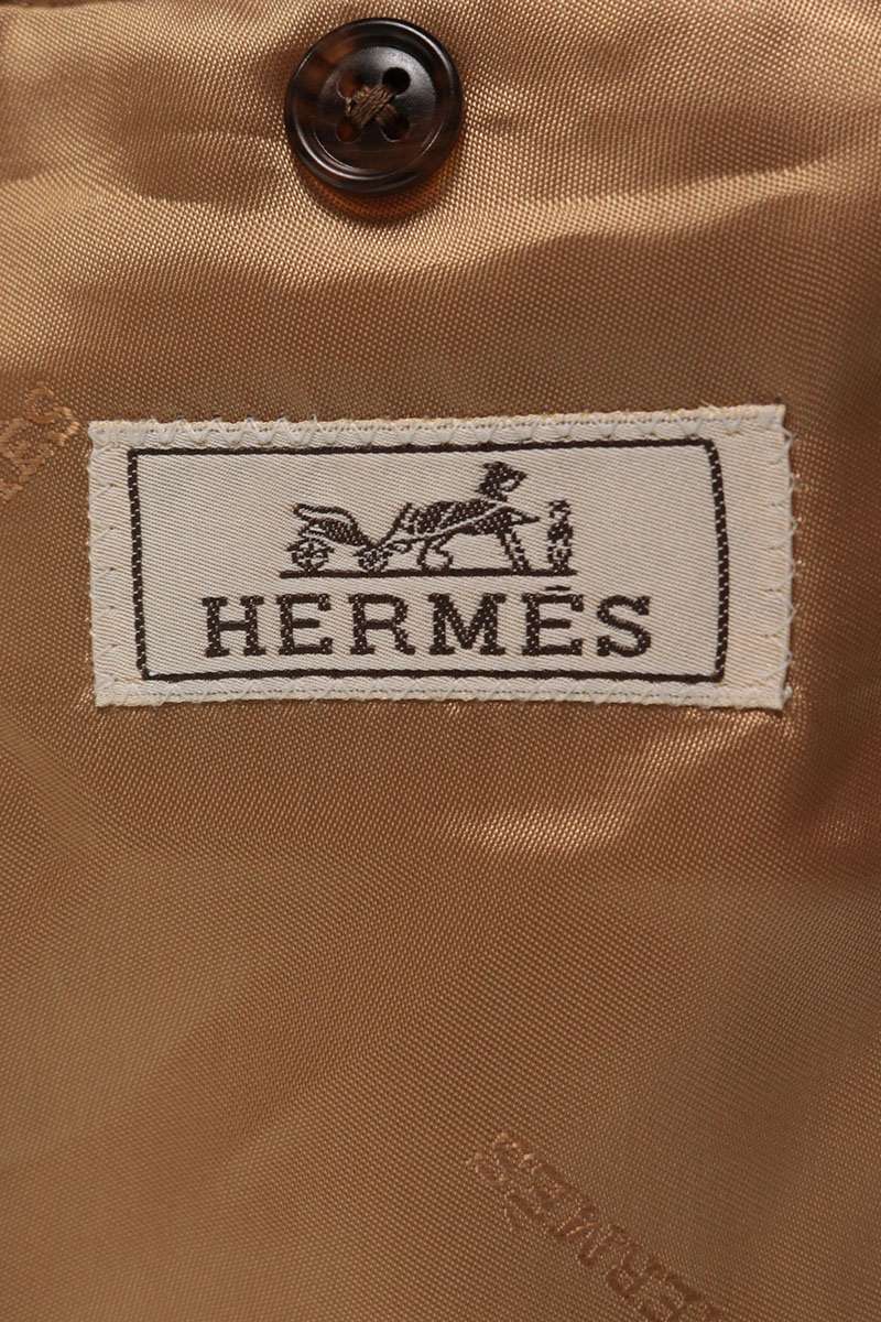 HERMES Cashmere Leather Piping Coat Beige Size 50