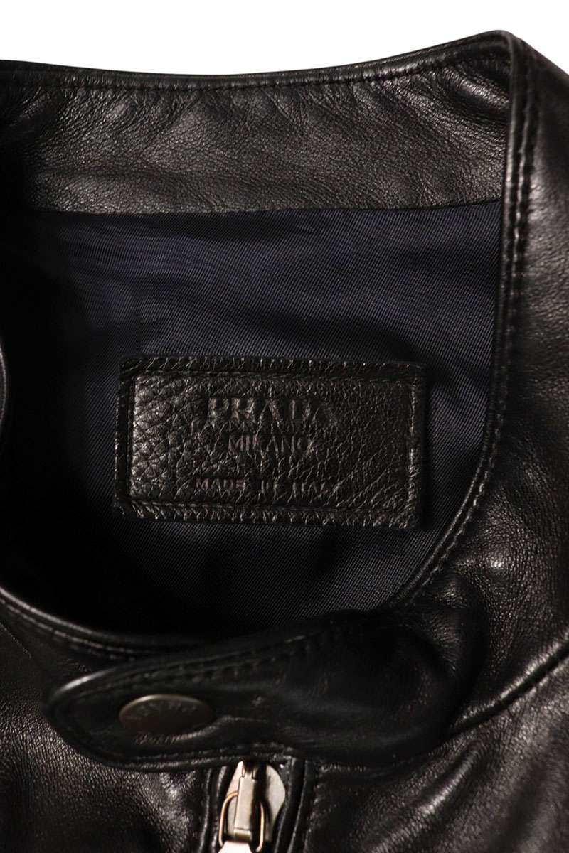 PRADA Black Logo Patch Rider Leather Jacket Size L