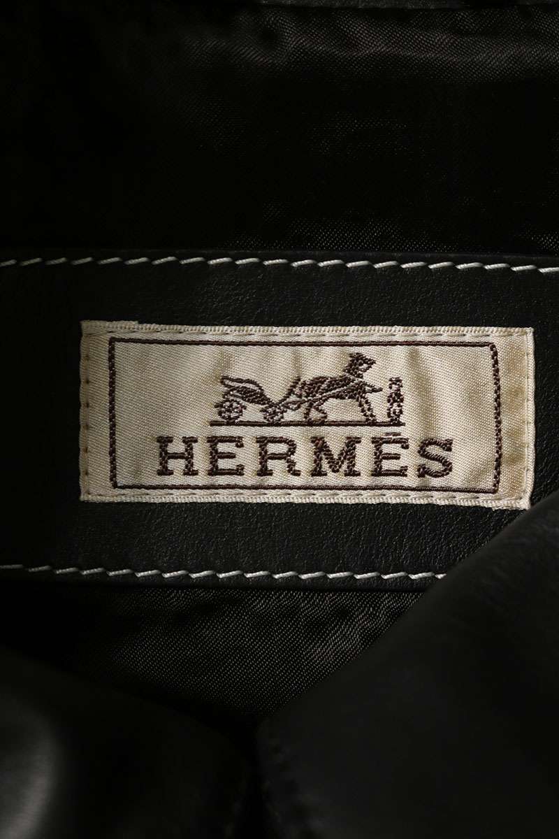 HERMES Zip Design Leather Jacket Size 48