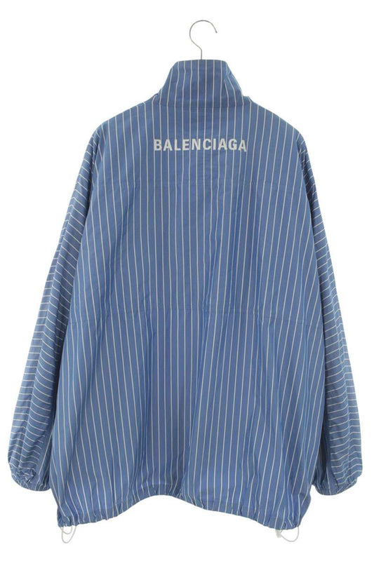 BALENCIAGA Logo Print Stripe Poplin Shirt Jacket Blue Size M