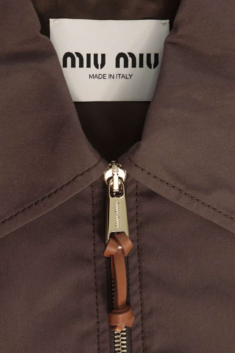 miumiu Logo Patch Leather Cuff Panama Blouson Brown Size 40