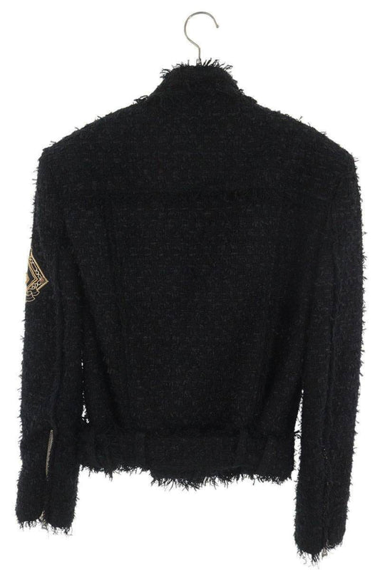 BALMAIN Black & Gold Tweed Logo Patch Jacket Size 46