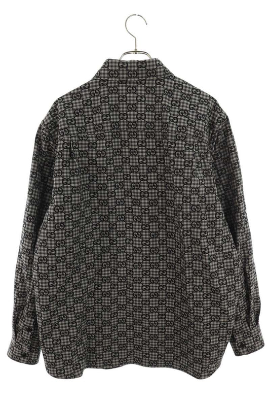 GUCCI GG Gingham Check Wool Cotton Long Sleeve Shirt Black Size S