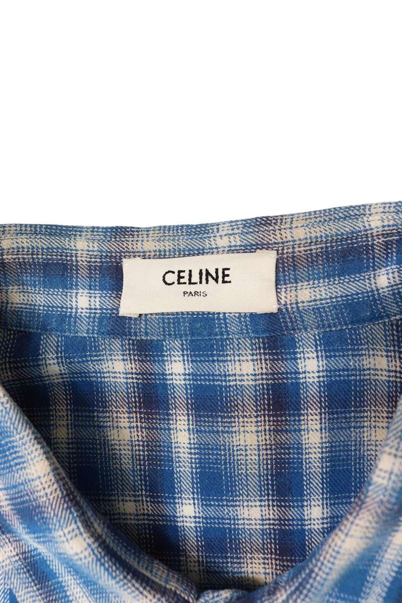 CELINE Flannel Check Loose Fit Long Sleeve Shirt Blue Size S