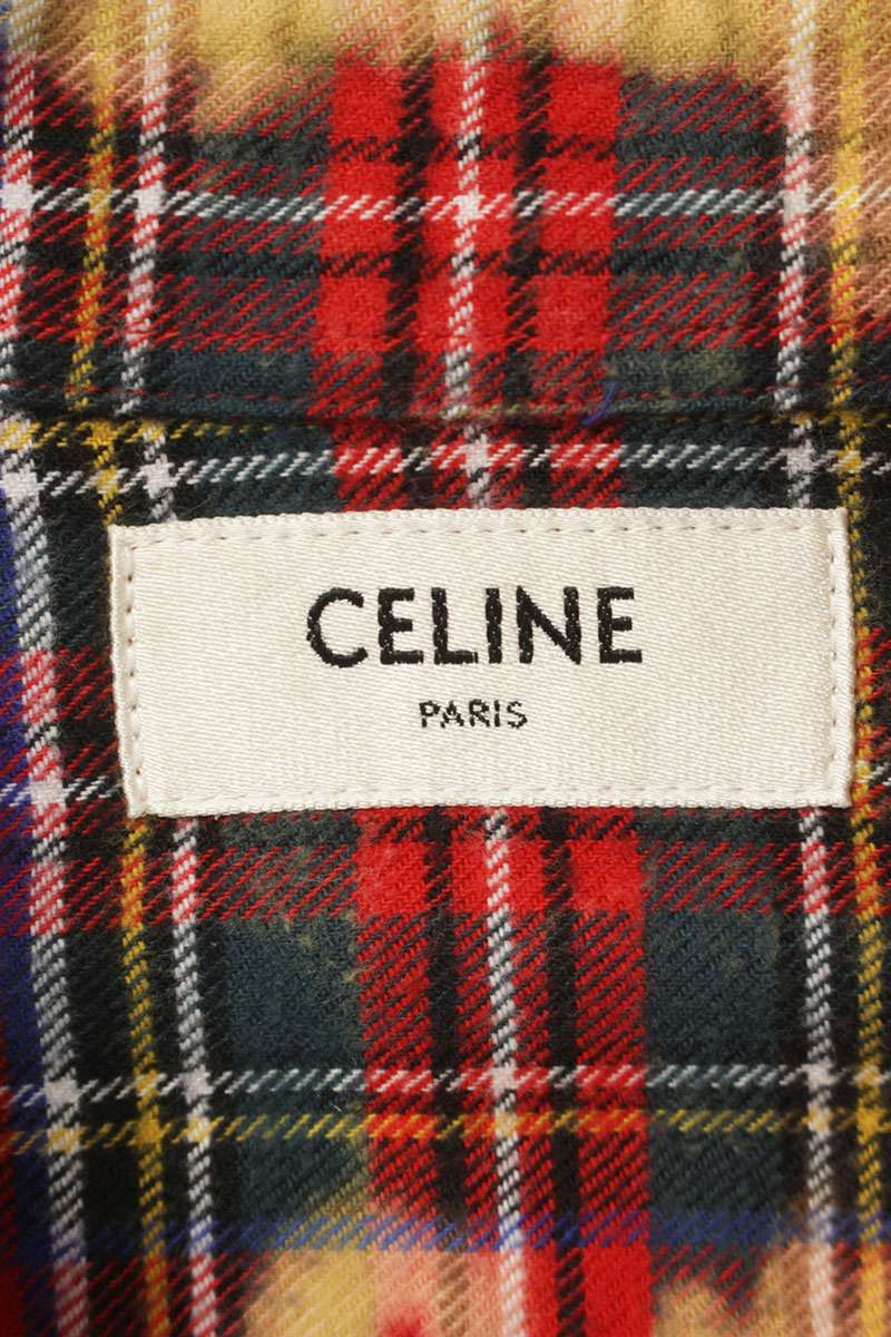 CELINE Bleach Wash Tartan Check Long Sleeve Shirt Red Size S