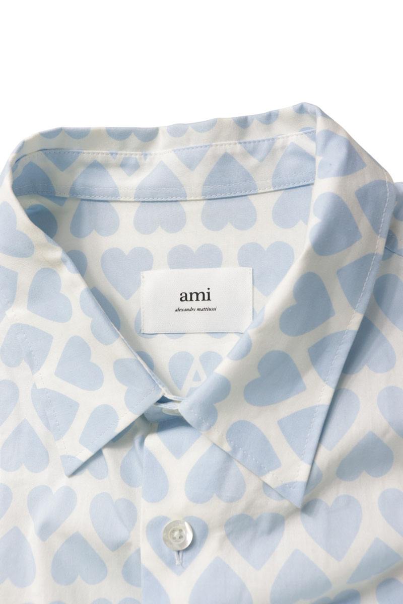 AMI Heart Pattern Boxy Fit Long Sleeve Shirt Light Blue Size XL