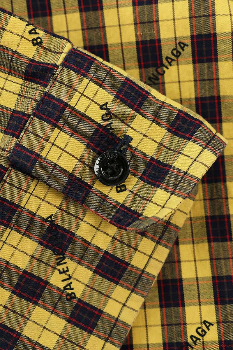 BALENCIAGA Logo Hooded Check Long Sleeve Shirt Yellow Size XXL