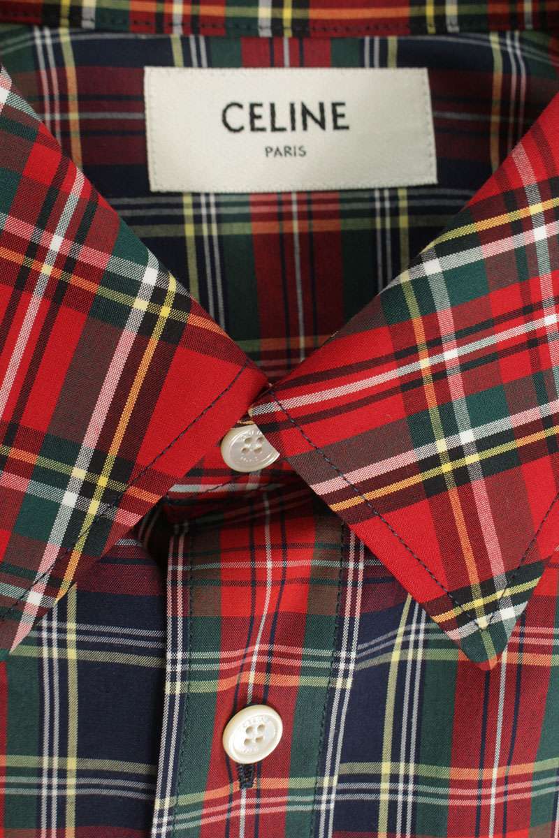 CELINE Tartan Check Long-Sleeve Shirt Red Navy Size S