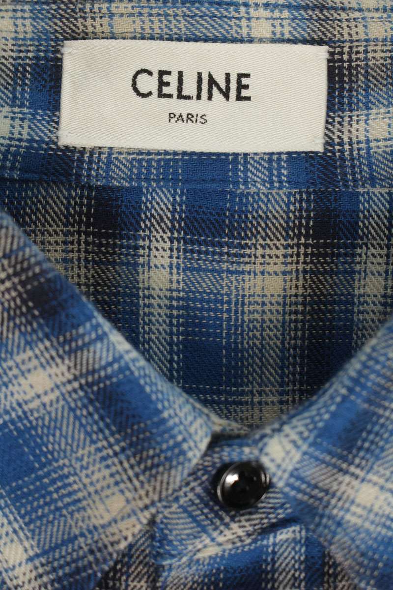 CELINE Check Loose Cotton Long Sleeve Shirt Blue Size XXL