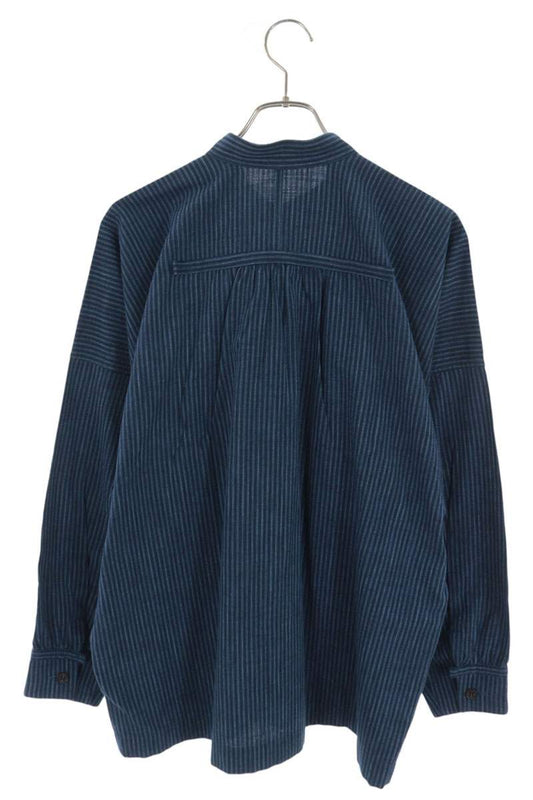 ISSEY MIYAKE MEN Cotton Stripe Band Collar Shirt Navy Size 1