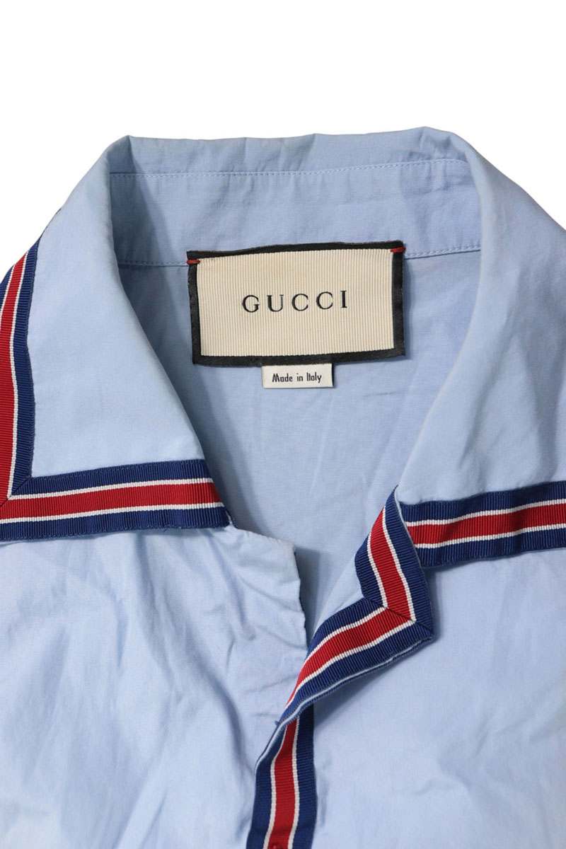 GUCCI Tiger Embroidered Open Collar S/S Shirt Blue Size S