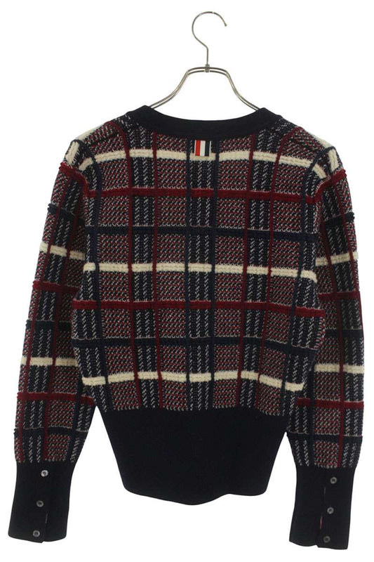 THOM BROWNE Plaid Cable Knit Wool Cardigan Navy Red Size 2