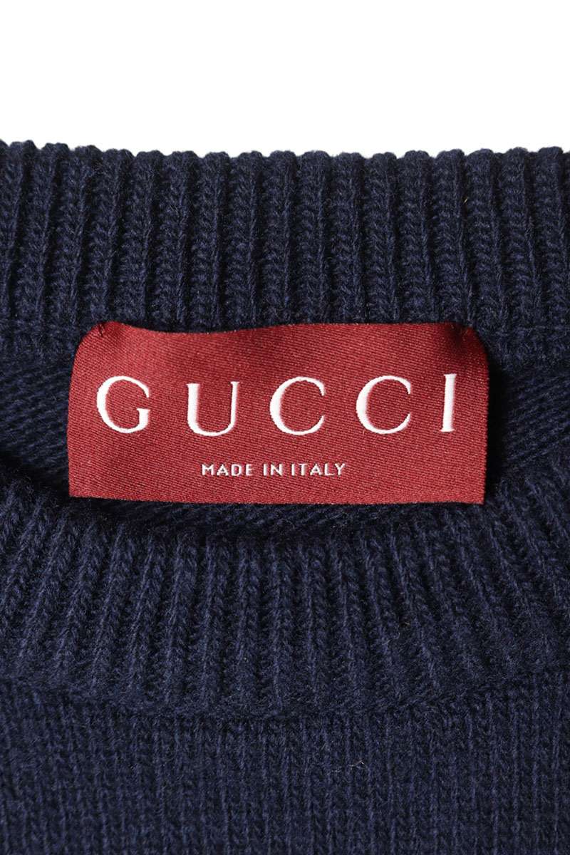 GUCCI Intarsia Logo Wool Knit Sweater Navy Size L