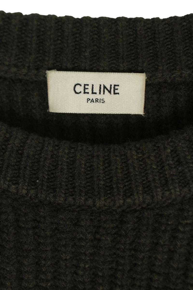 CELINE Multi Leopard Logo Patch Wool Crew Neck Knit Size M