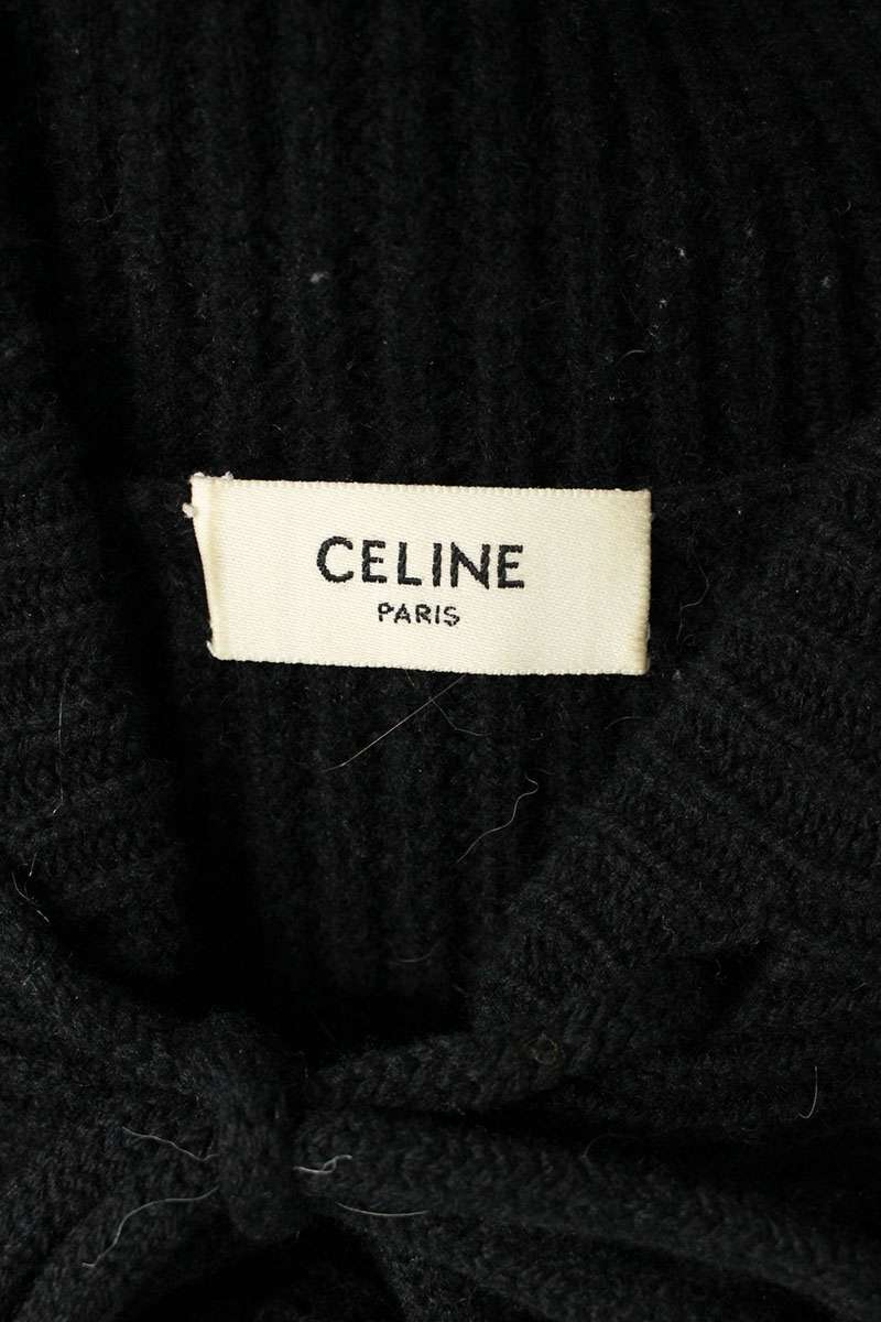 CELINE Hooded Baja Jacquard Knit Black Wool Size M
