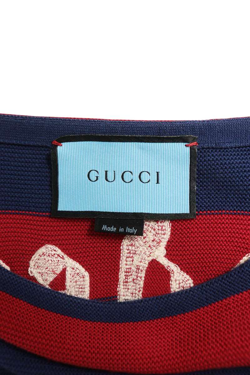 GUCCI Embroidered Border Cotton Knit Red/Blue Size M