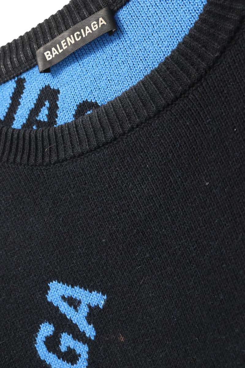 BALENCIAGA All-over Logo Knit Sweater Black/Blue Size XS