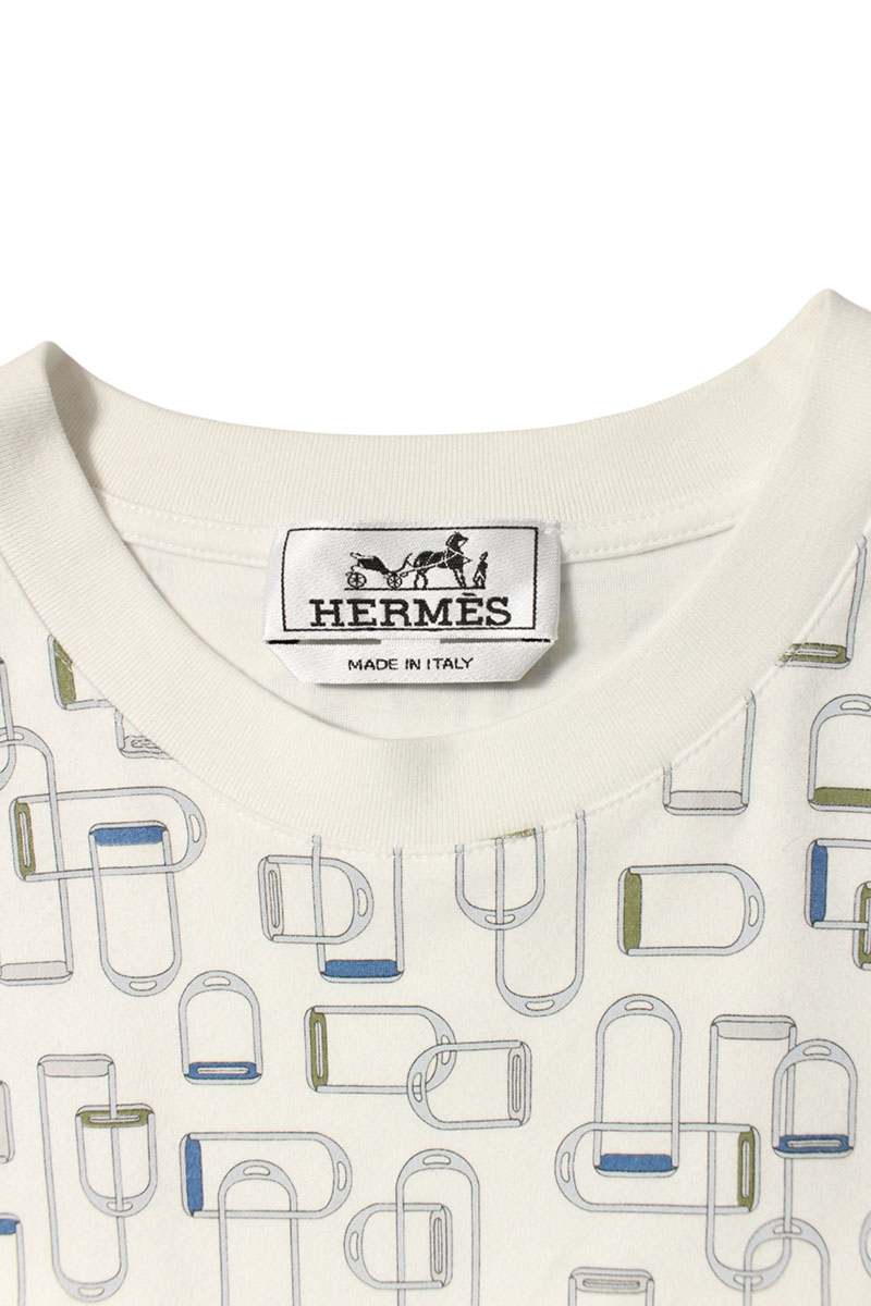 Hermes 25SS Etriers Elastiques All-Over Print T-Shirt White x Blue Size XS
