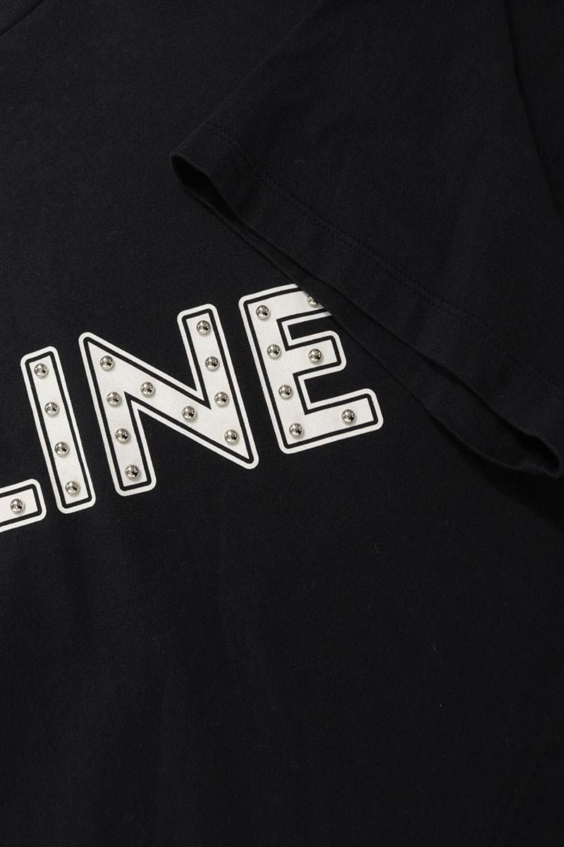CELINE Studded Logo Print Cotton T-Shirt Black Size S