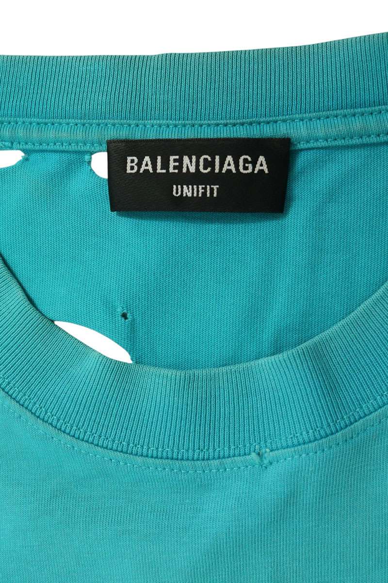 BALENCIAGA Distressed Logo Print Tee Blue Size XS