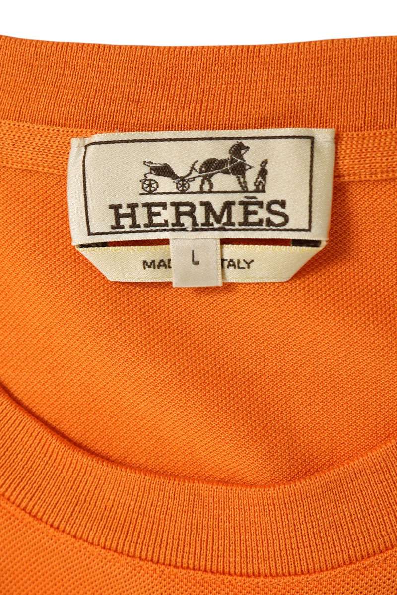 HERMES H-Embroidered Pocket Cotton T-Shirt Orange Size L