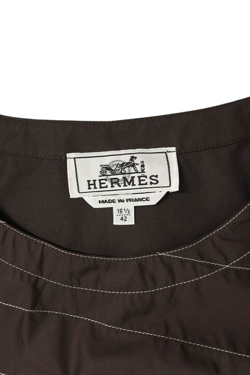 HERMES Stitch Design Shoulder Zip T-Shirt Brown Size 42