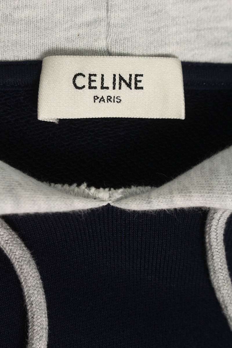 CELINE Logo Print Layered Hoodie Navy Gray Size XS