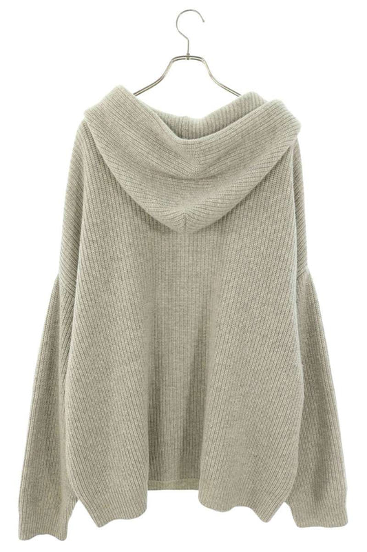 CELINE Logo Patch Wool Knit Hoodie Grey White Size XL