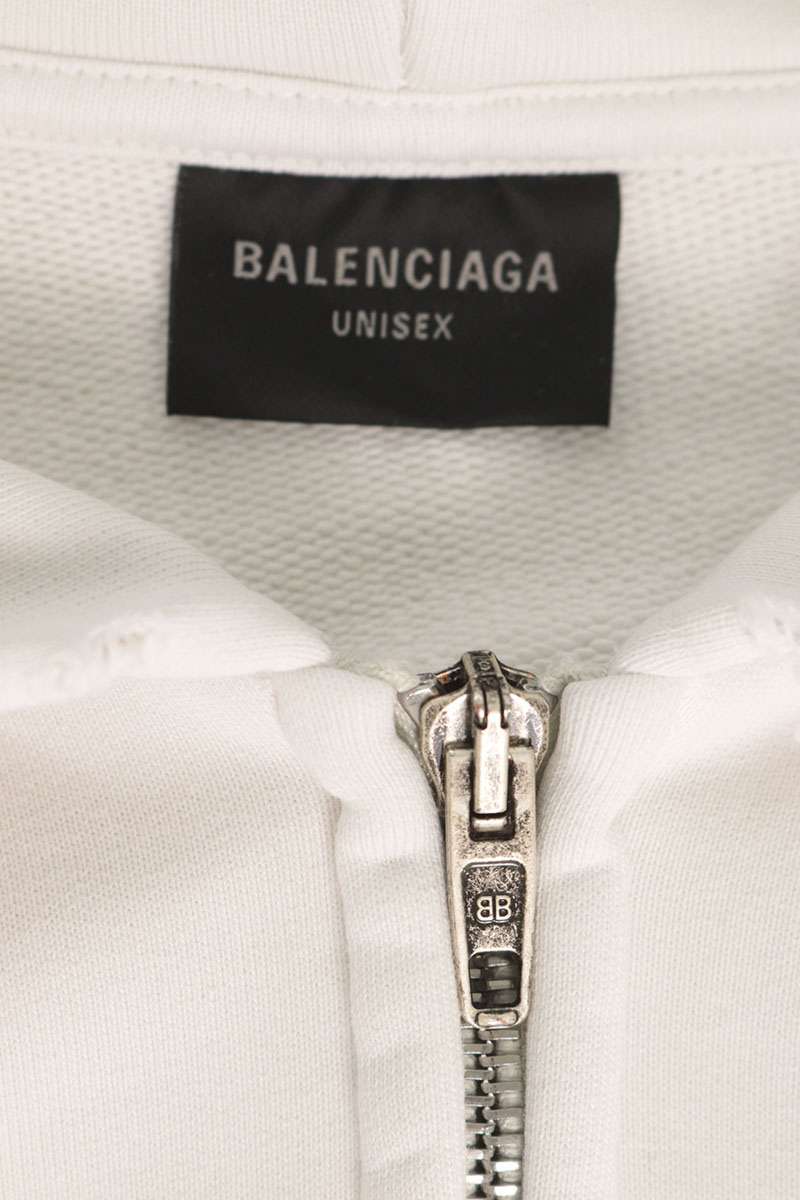 BALENCIAGA 24AW Distressed Back Logo Zip Hoodie White Size M