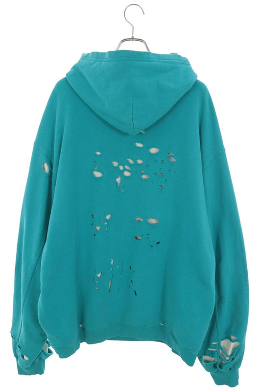 BALENCIAGA Distressed Logo Fleece Hoodie Blue Size S