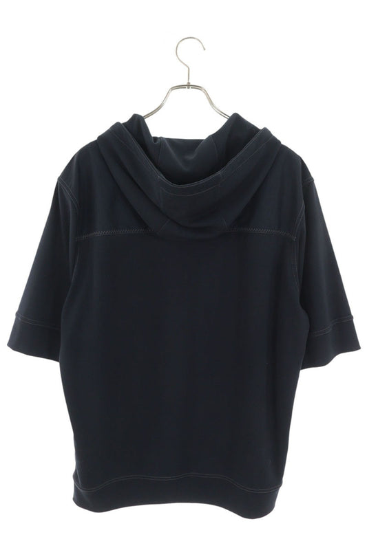 HERMES Half-Zip Nylon Panel Short Sleeve Hoodie Navy Size L