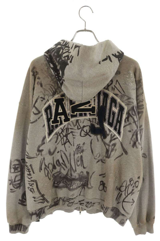 BALENCIAGA Skater Graphic Distressed Zip Hoodie Size S