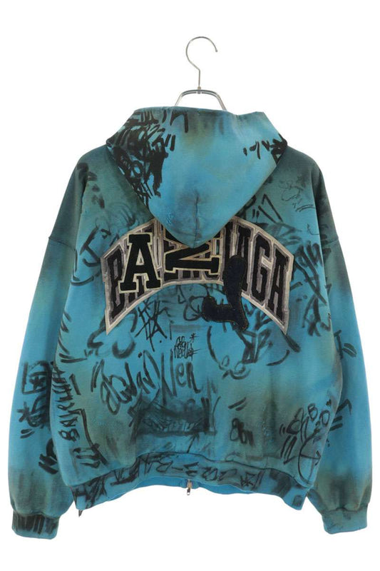 BALENCIAGA Skater Graphic Distressed Hoodie Blue Size XXS