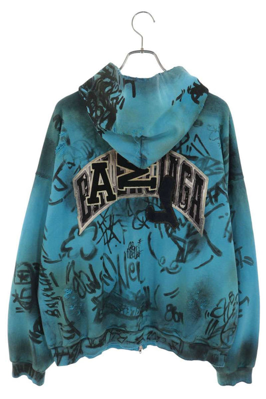 BALENCIAGA Skater Graphic Distressed Zip Hoodie Blue Size L