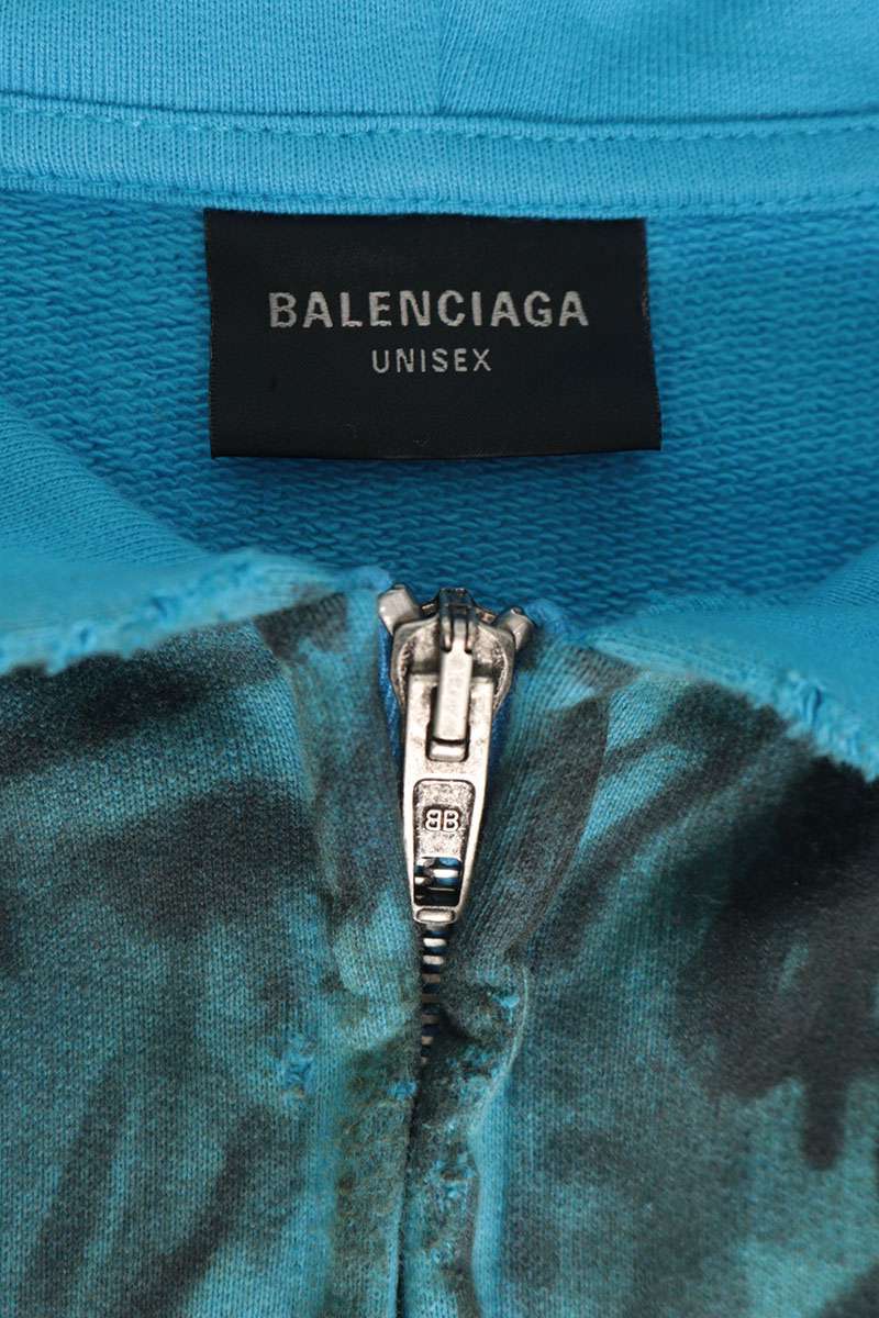 BALENCIAGA Skater Graphic Distressed Zip Hoodie Blue Size L