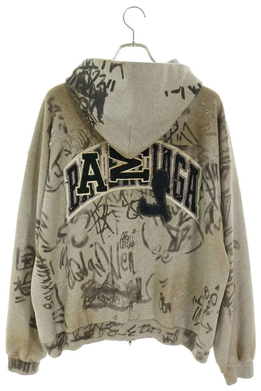 BALENCIAGA Skater Graphic Distressed Zip Hoodie Gray Size XS
