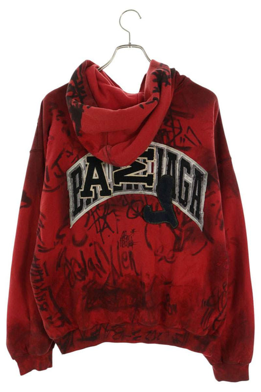 BALENCIAGA Skater Graphic Distressed Zip Hoodie Red Size XS