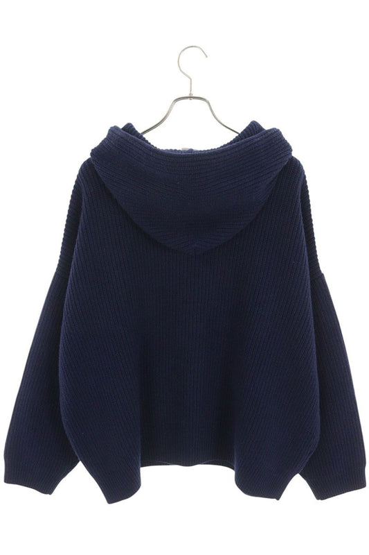 CELINE Logo Patch Knit Hoodie Navy Wool Size L