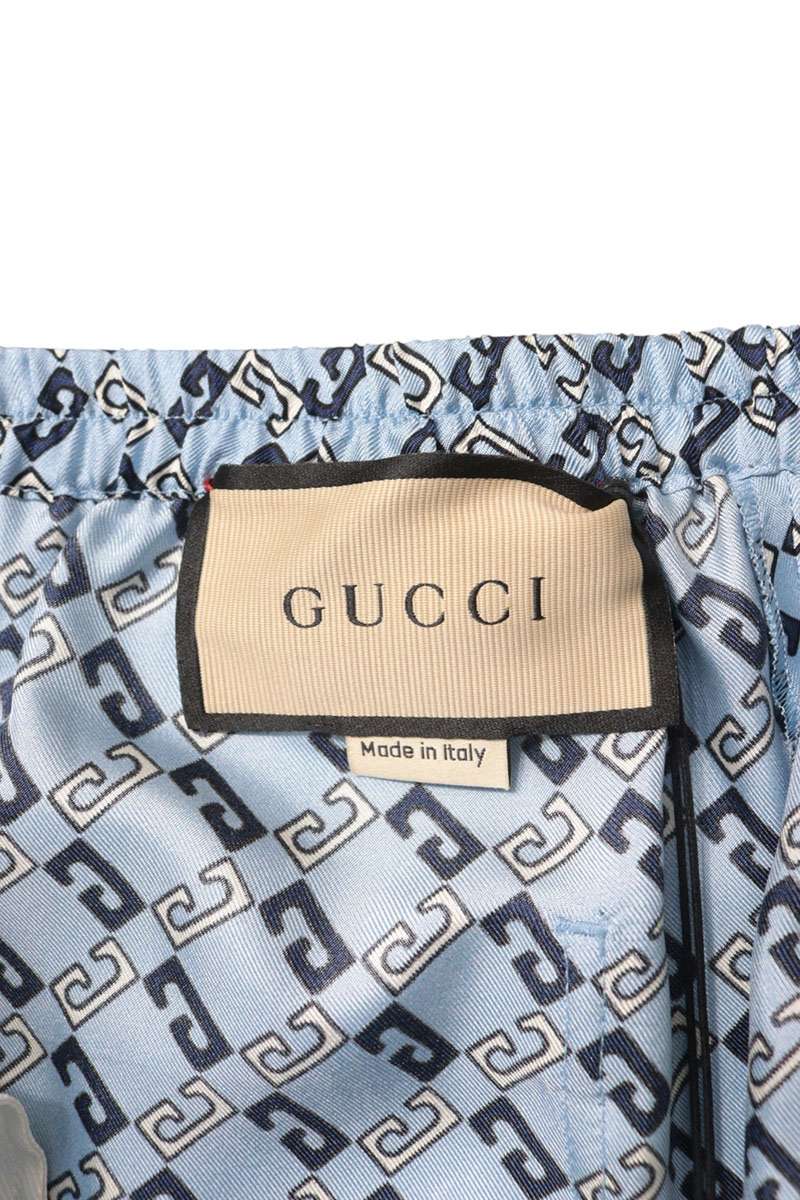 GUCCI All-Over Logo Print Silk Shorts Blue Size 46