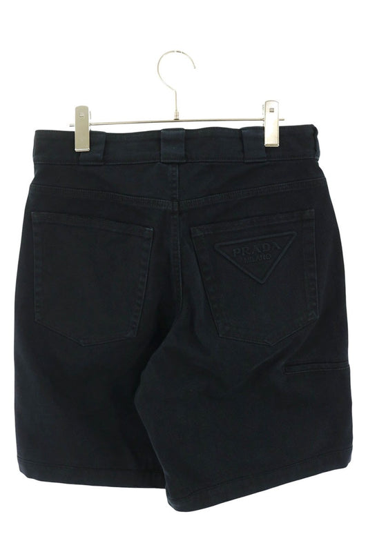 PRADA Triangle Logo Embossed Denim Shorts Black Size 44