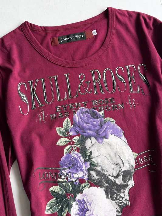 JHONNY WOLF Skull & Roses Graphic Long Sleeve Shirt Size 2