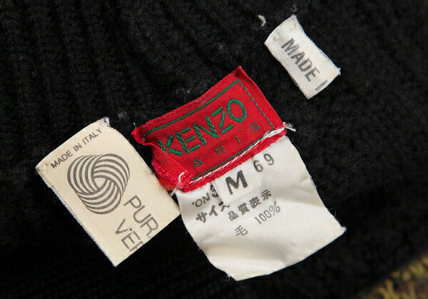 KENZO Fair Isle High Neck Cable Knit Sweater Black Size M