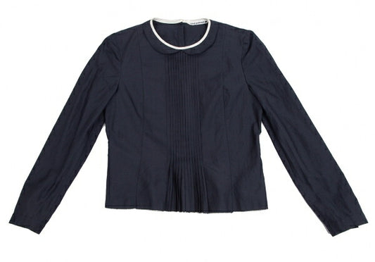mina perhonen Cotton Silk Pleated Round Blouse Navy Size 38