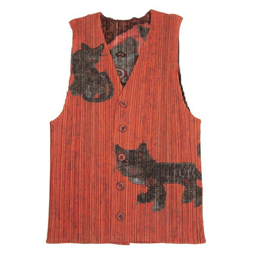 PLEATS PLEASE 98AW Folk Art Tiger Cat Vest Orange Size 3