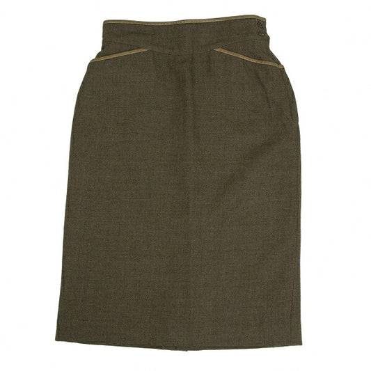 KENZO Wool Cotton Leather Piping Midi Skirt Khaki Size M